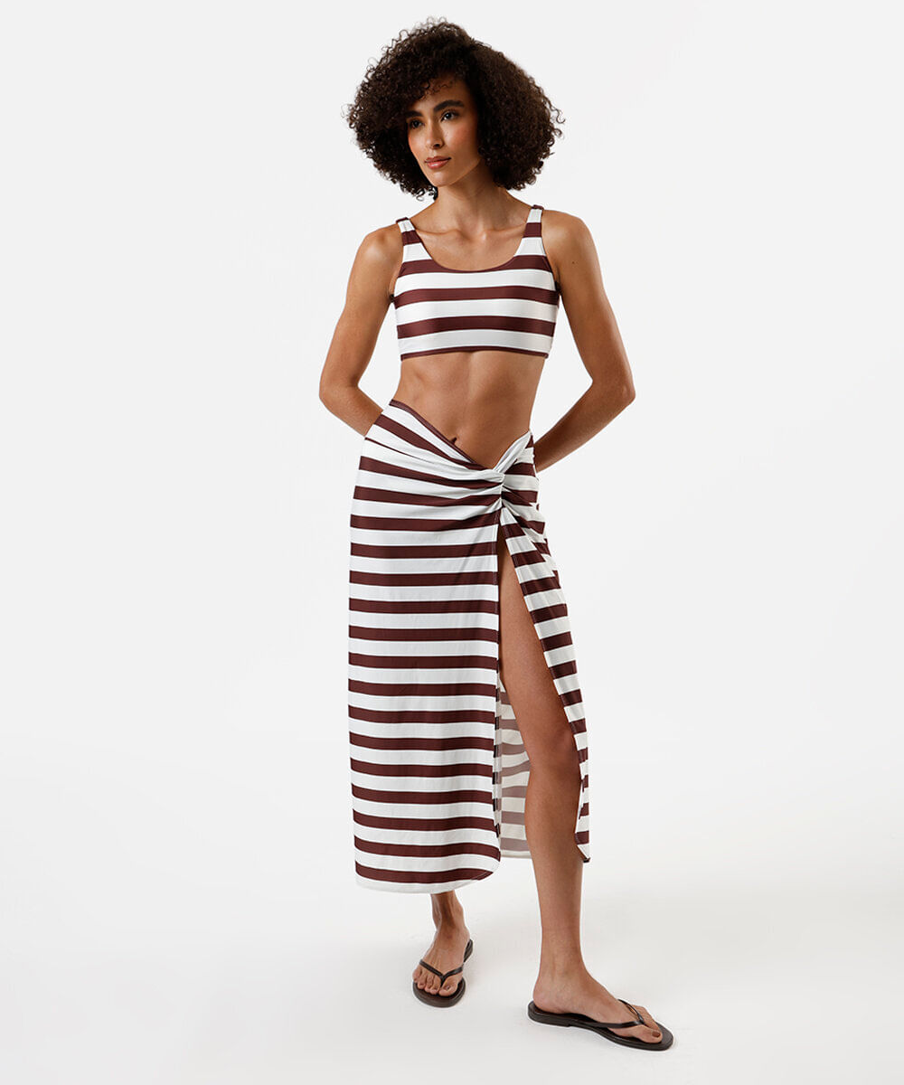 saia saída de praia feminina listrada marrom