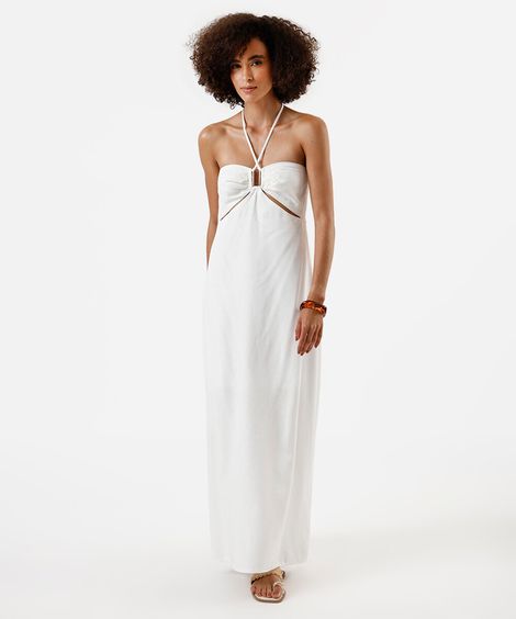 vestido longo feminino com linho e recortes off white