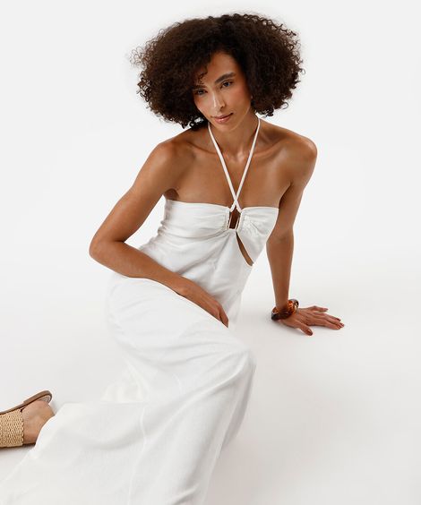 vestido longo feminino com linho e recortes off white