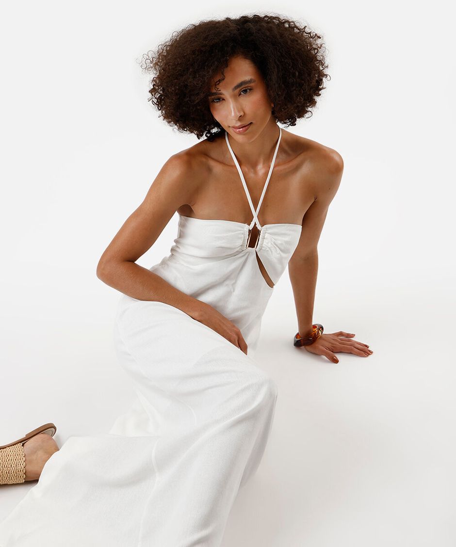 vestido longo feminino com linho e recortes off white