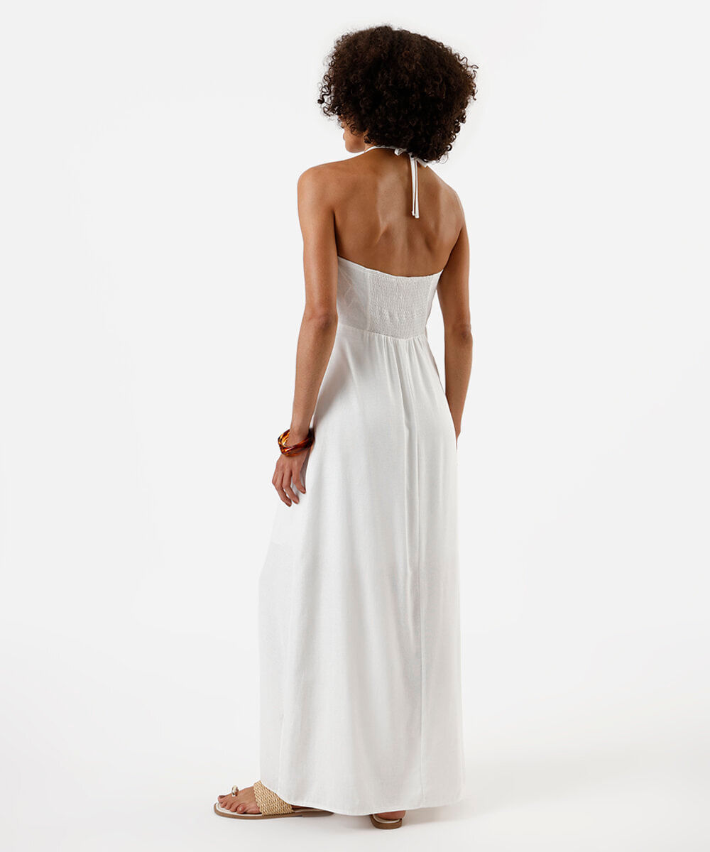 vestido longo feminino com linho e recortes off white