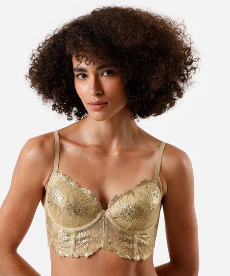 sutiã meia taça alongado com renda  dourado