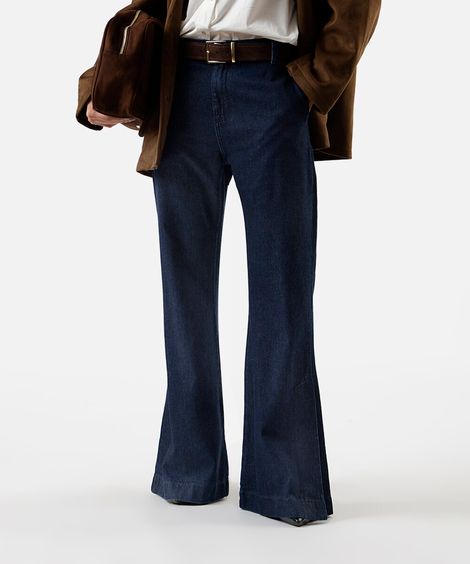 calça flare feminina jeans com fendas azul