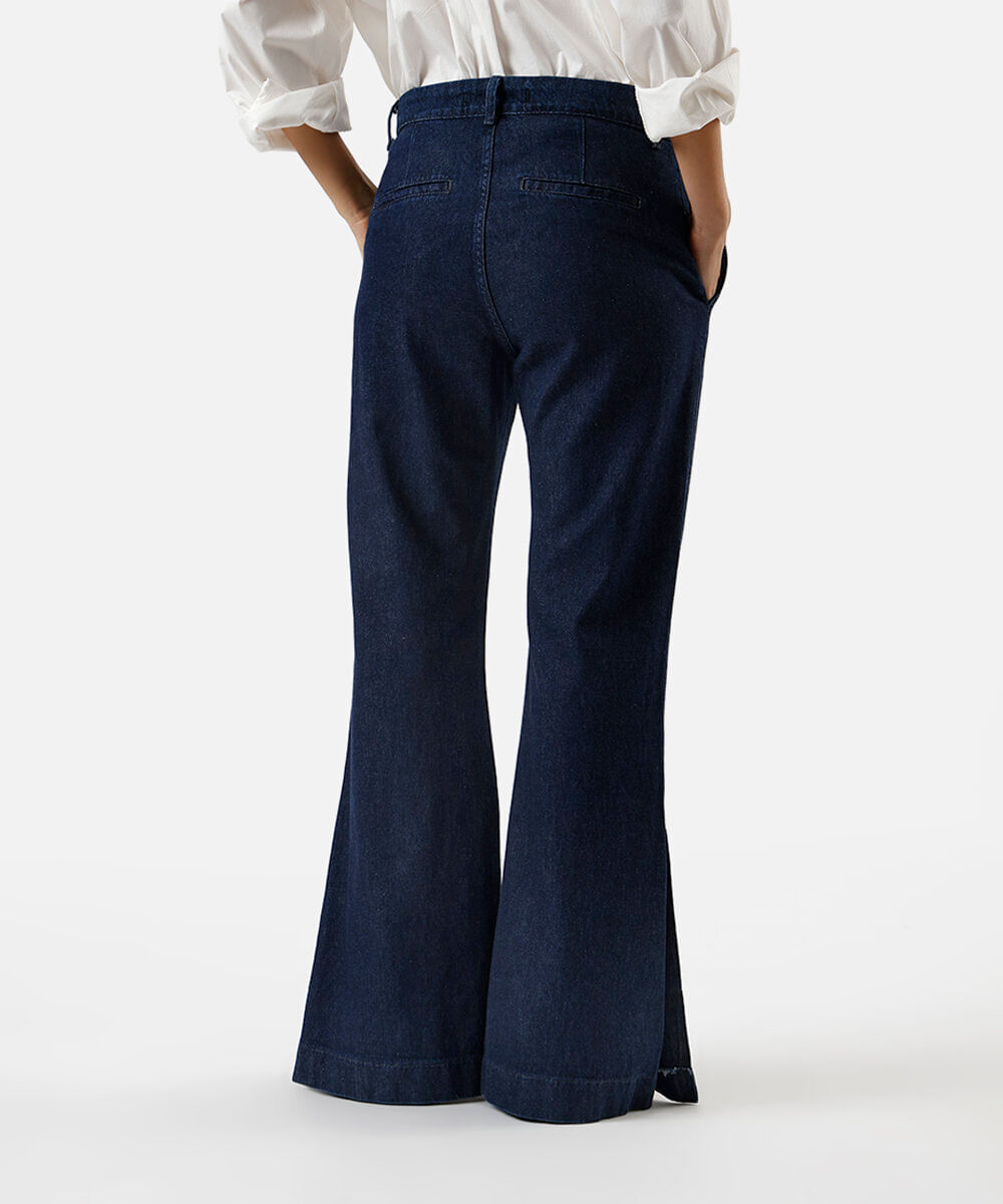 calça flare feminina jeans com fendas azul