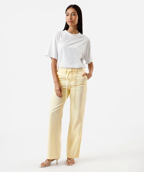calça wide leg feminina de sarja com cordão sawary amarela