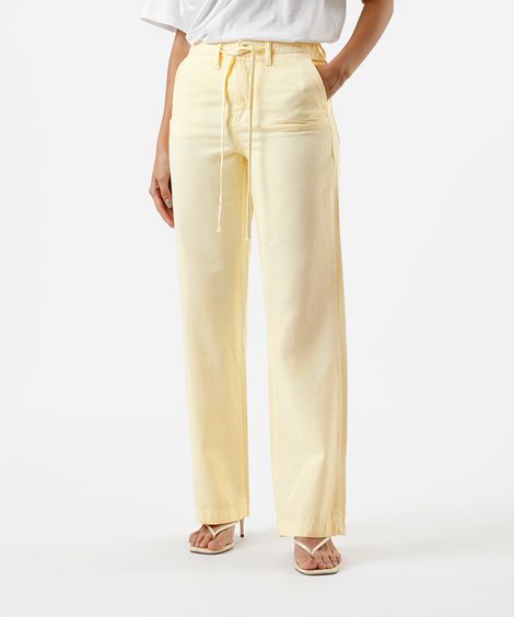 calça wide leg feminina de sarja com cordão sawary amarela