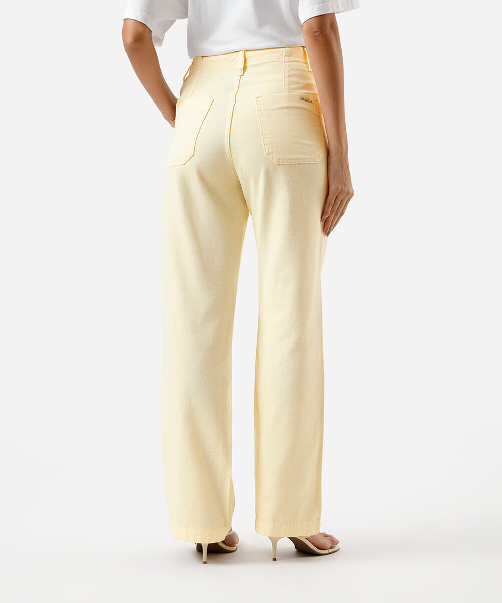 calça wide leg feminina de sarja com cordão sawary amarela