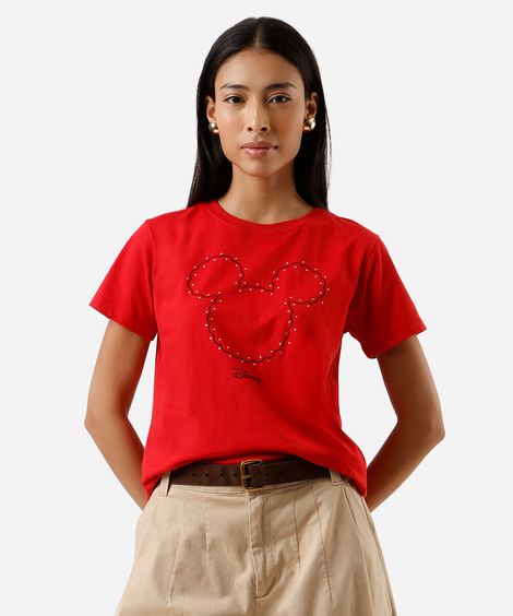 camiseta feminina de algodão mickey com brilhos vermelha
