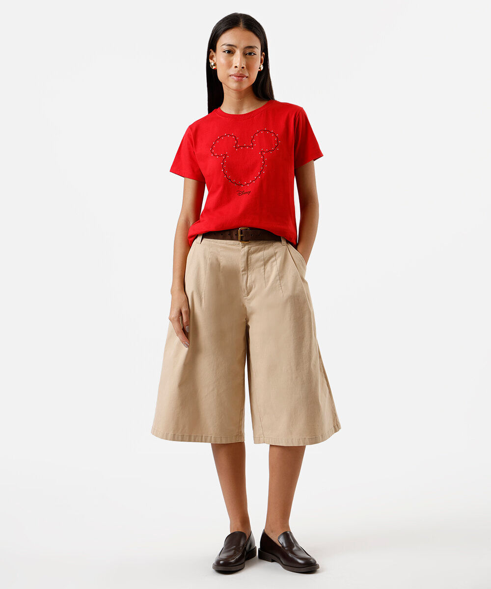 camiseta feminina de algodão mickey com brilhos vermelha