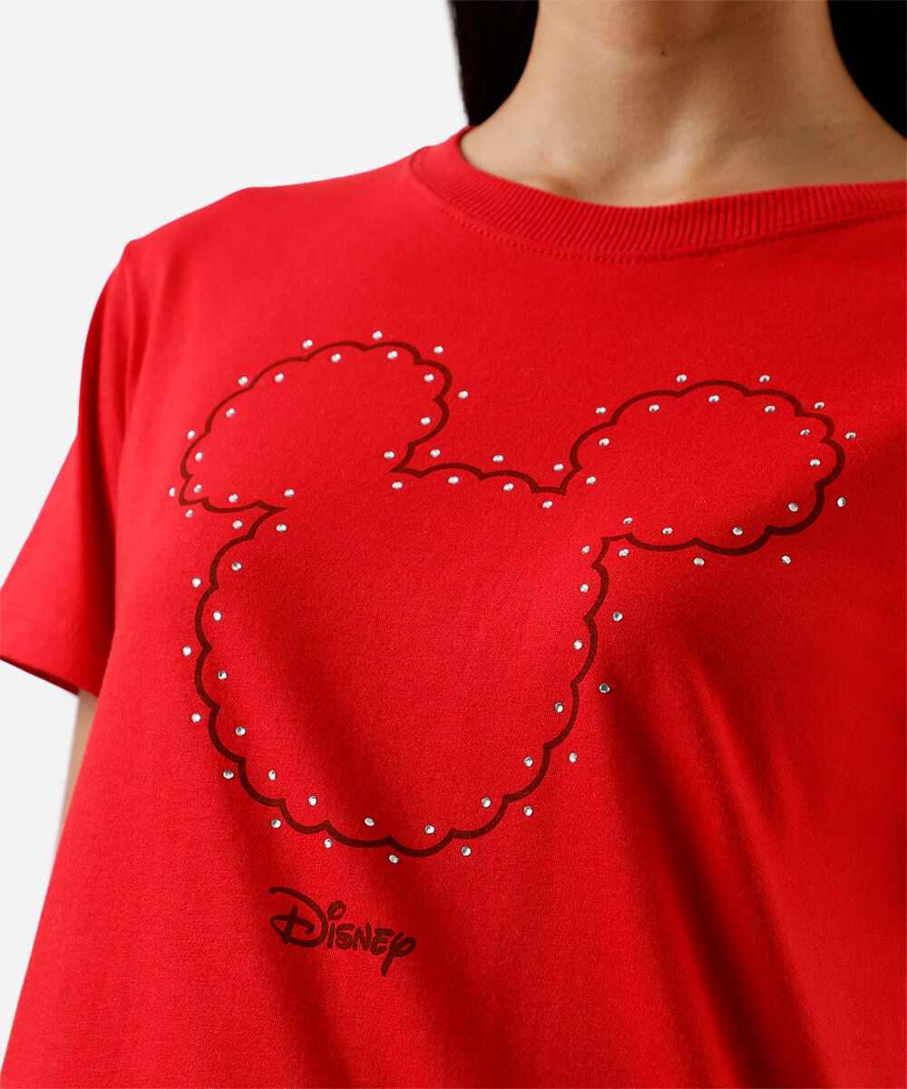camiseta feminina de algodão mickey com brilhos vermelha