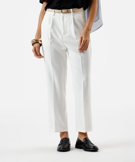 calça de alfaiataria feminina com pregas e cinto off white