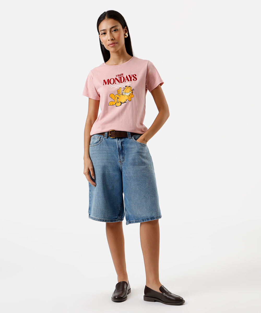 camiseta feminina de algodão garfield rosa
