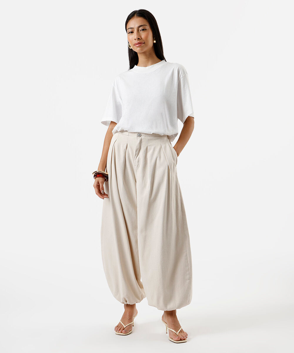 calça aladim feminina de sarja cós elástico bege