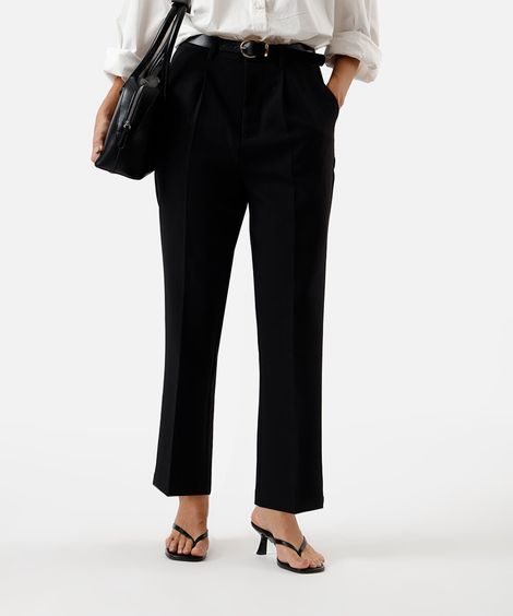 calça de alfaiataria feminina com pregas e cinto preta