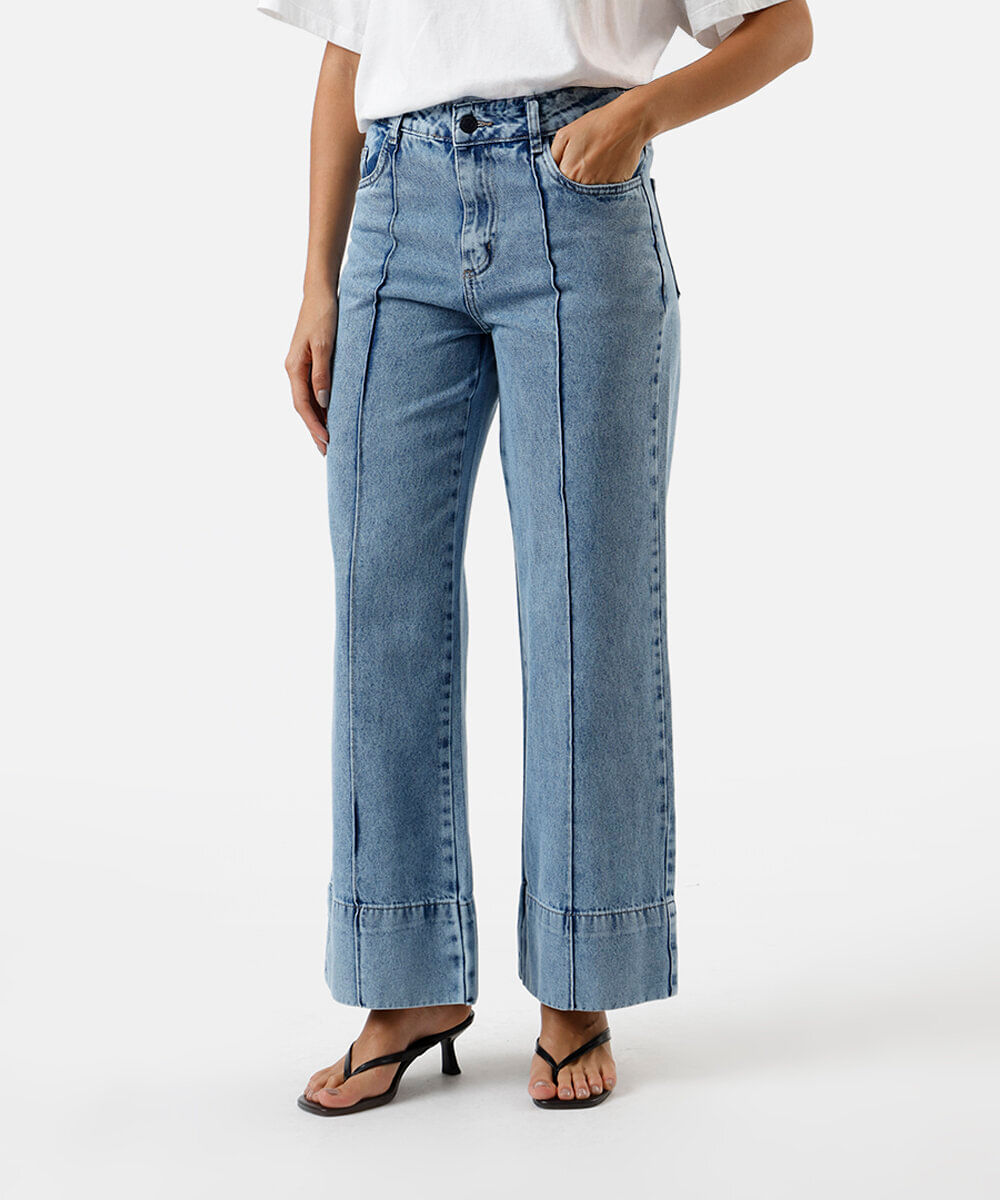 calça wide leg petit jeans com nervura sawary azul