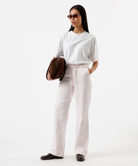 calça wide leg feminina de sarja com cordão sawary rosa