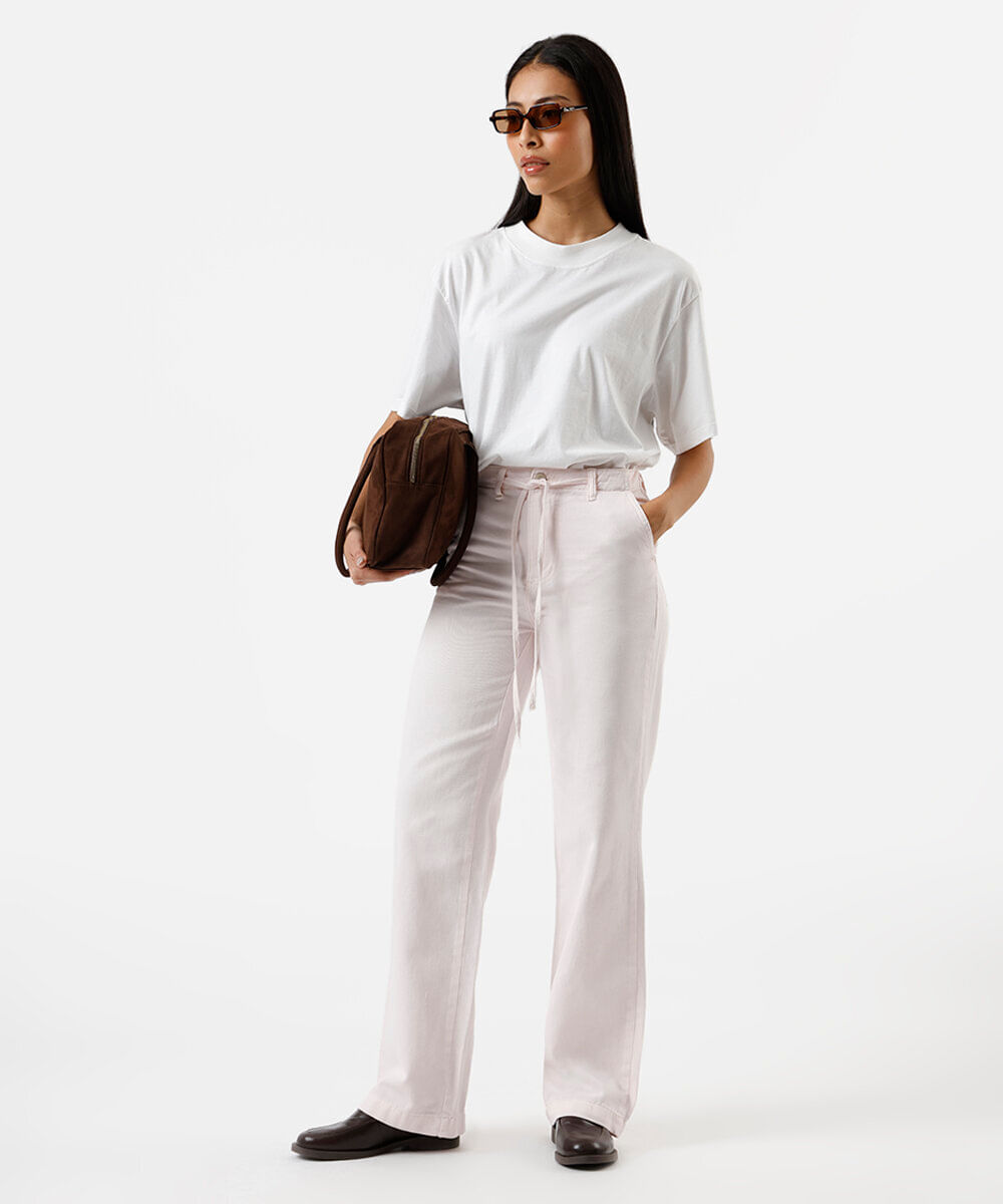 calça wide leg feminina de sarja com cordão sawary rosa