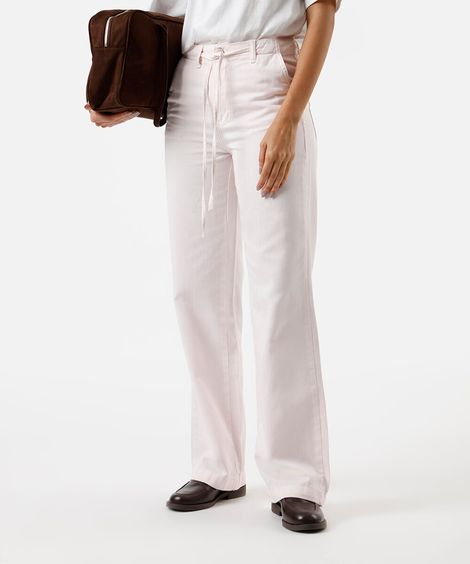 calça wide leg feminina de sarja com cordão sawary rosa