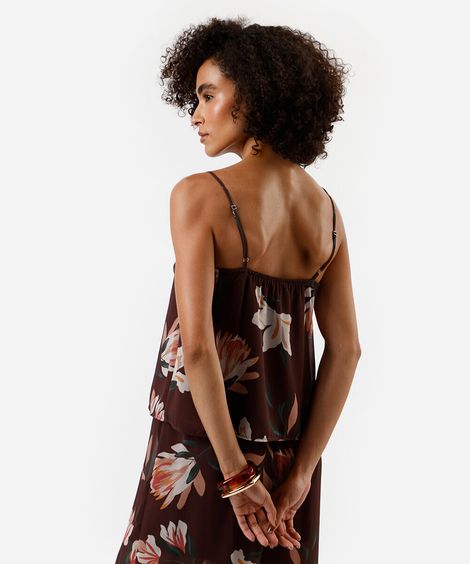 blusa alça fina feminina floral marrom