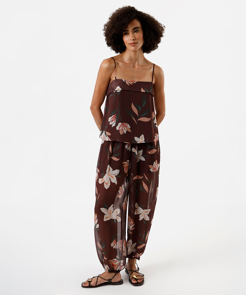 blusa alça fina feminina floral marrom