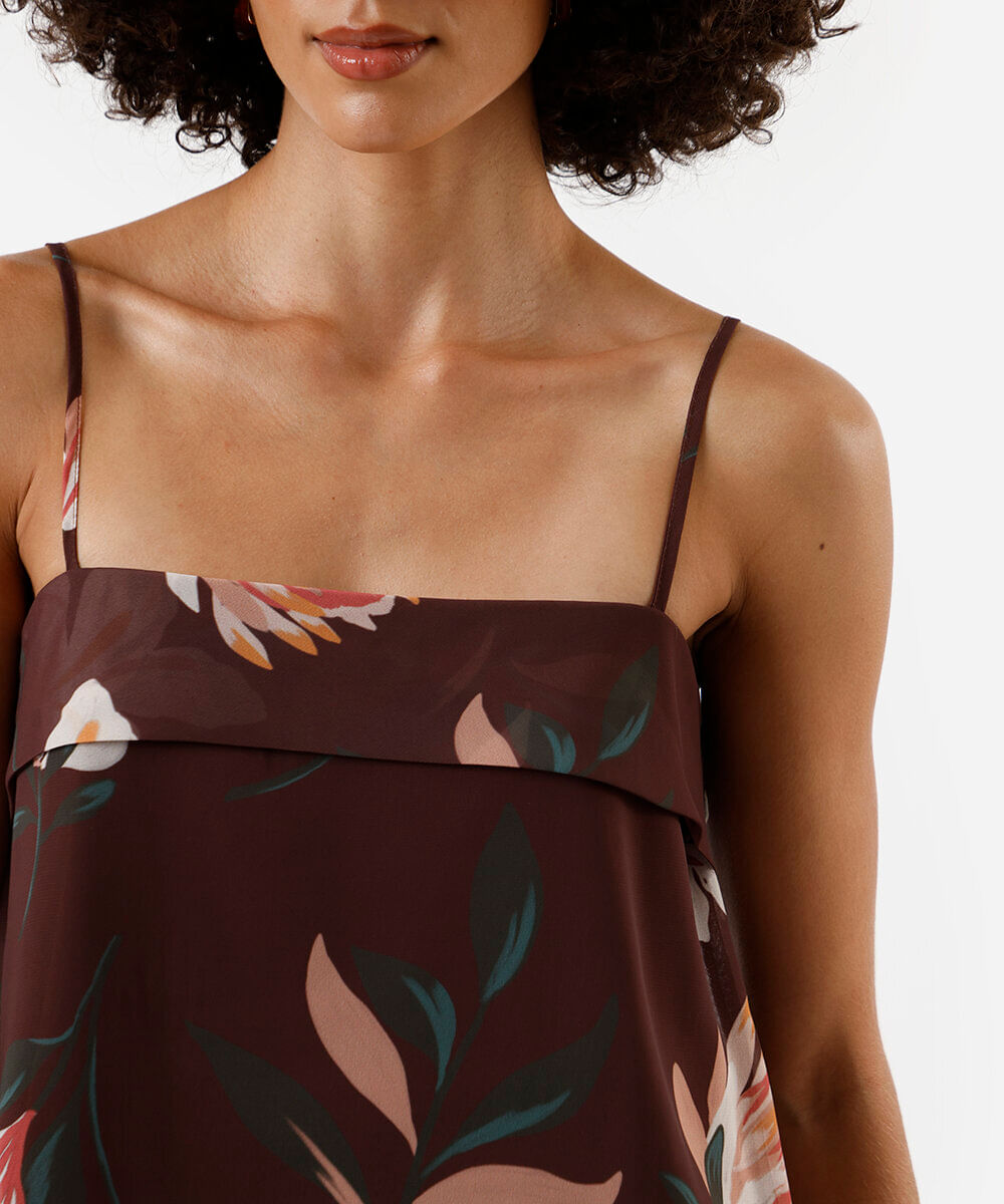 blusa alça fina feminina floral marrom