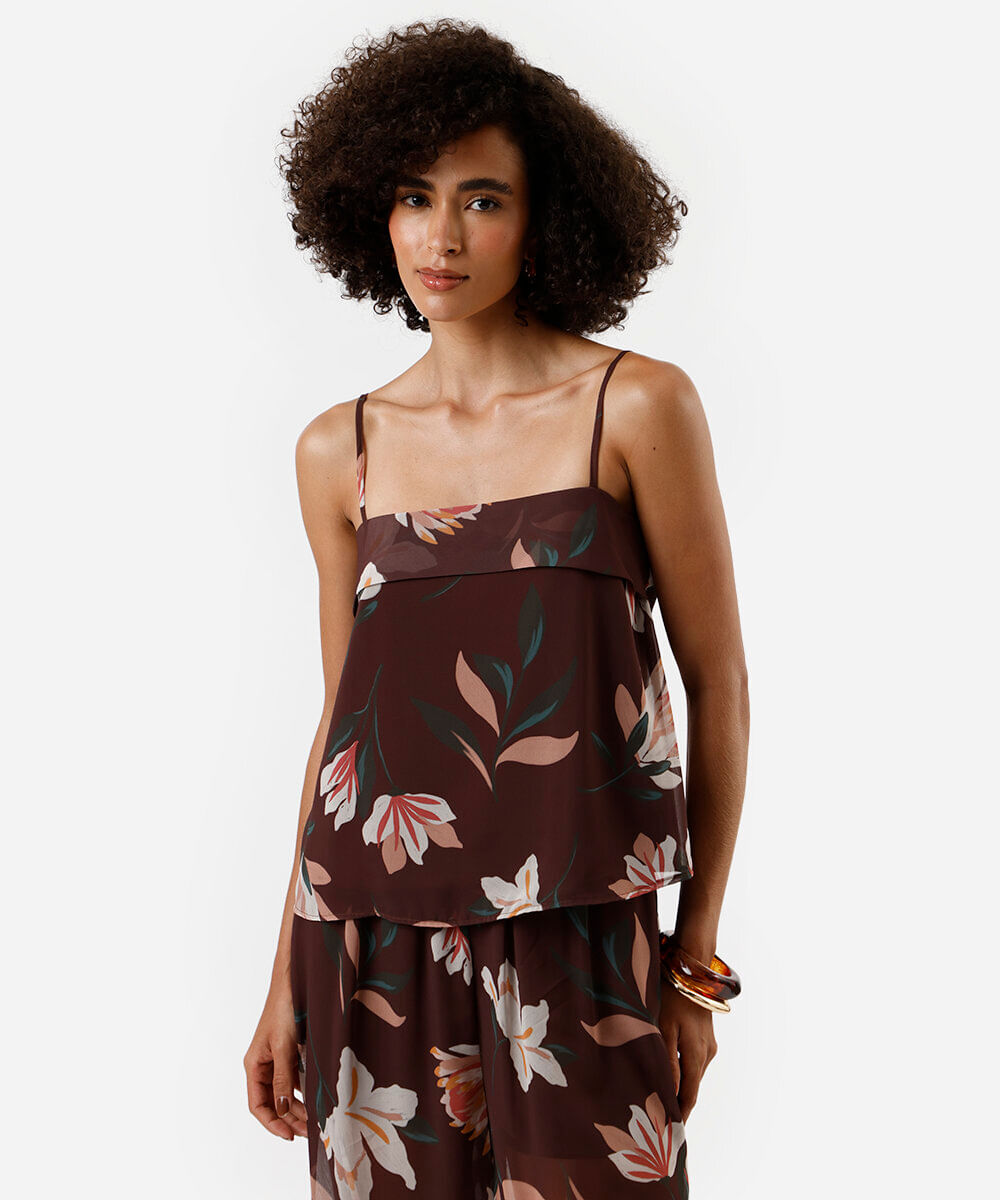 blusa alça fina feminina floral marrom