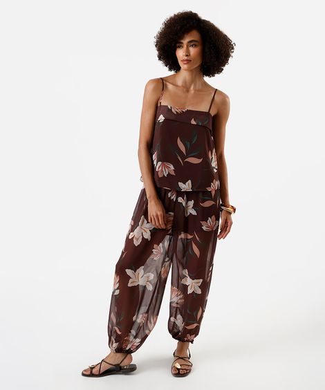 calça aladim feminina de tule floral marrom