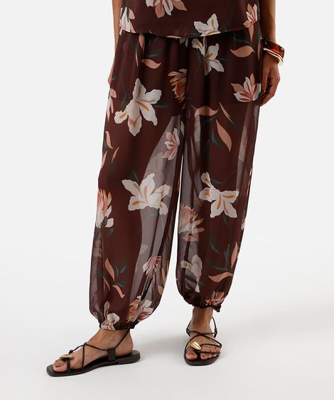 calça aladim feminina de tule floral marrom