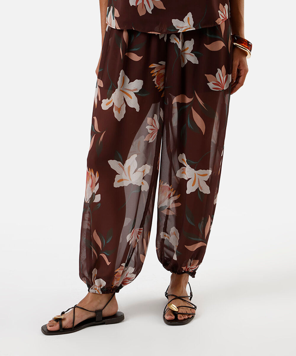 calça aladim feminina de tule floral marrom