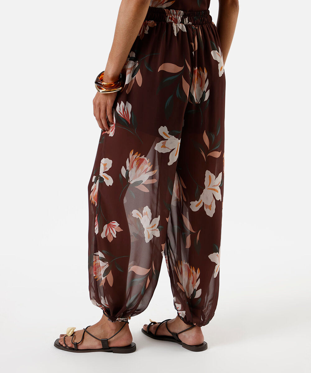 calça aladim feminina de tule floral marrom