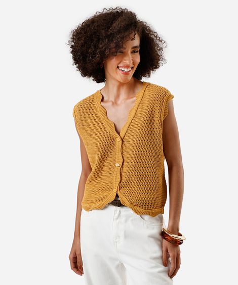 colete feminino de tricot decote v amarelo