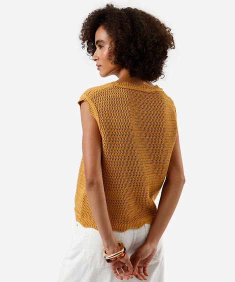 colete feminino de tricot decote v amarelo