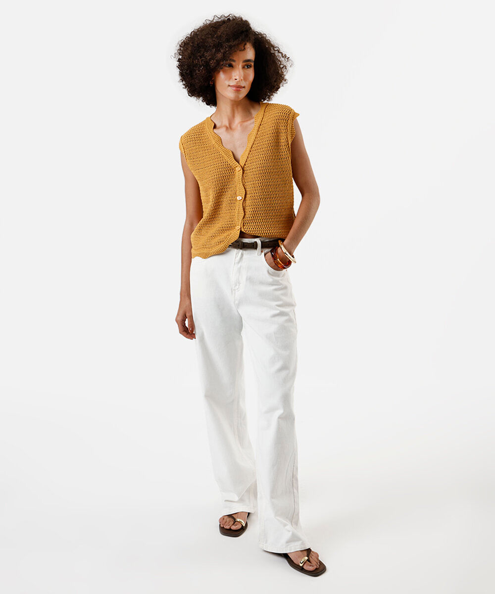 colete feminino de tricot decote v amarelo