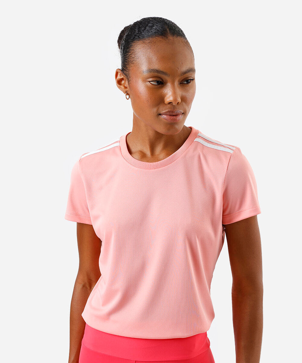 camiseta feminina esportiva ace manga curta com listras rosa