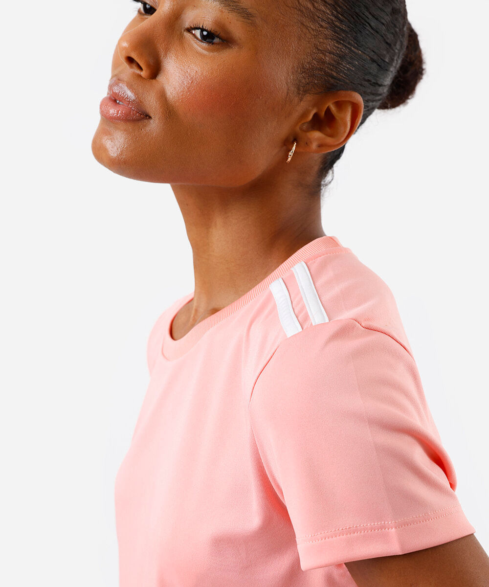 camiseta feminina esportiva ace manga curta com listras rosa