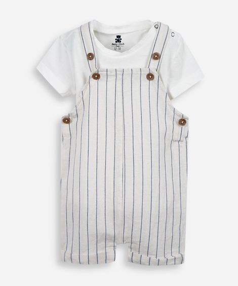 jardineira infantil de algodão listrada off white