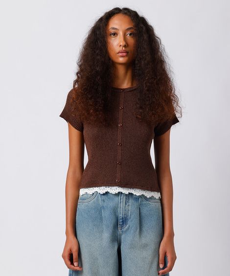 blusa feminina de tricot com renda canelada mindset marrom