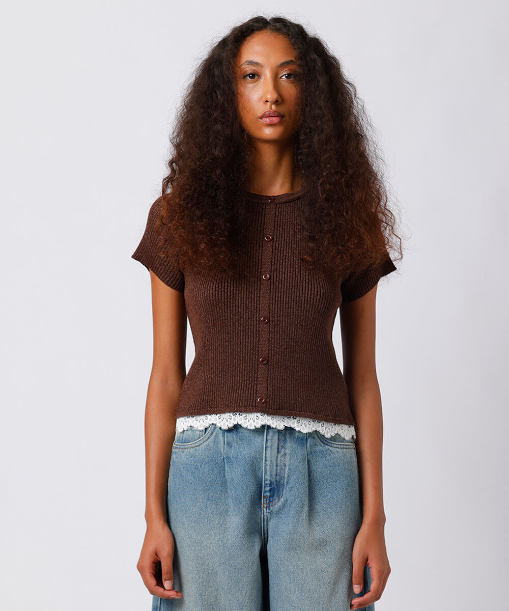 blusa feminina de tricot com renda canelada mindset marrom