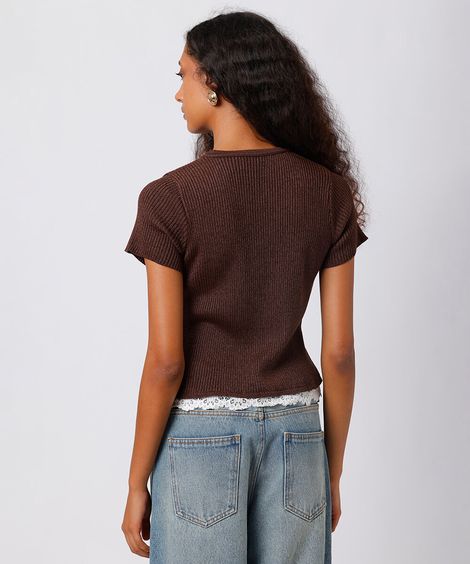 blusa feminina de tricot com renda canelada mindset marrom
