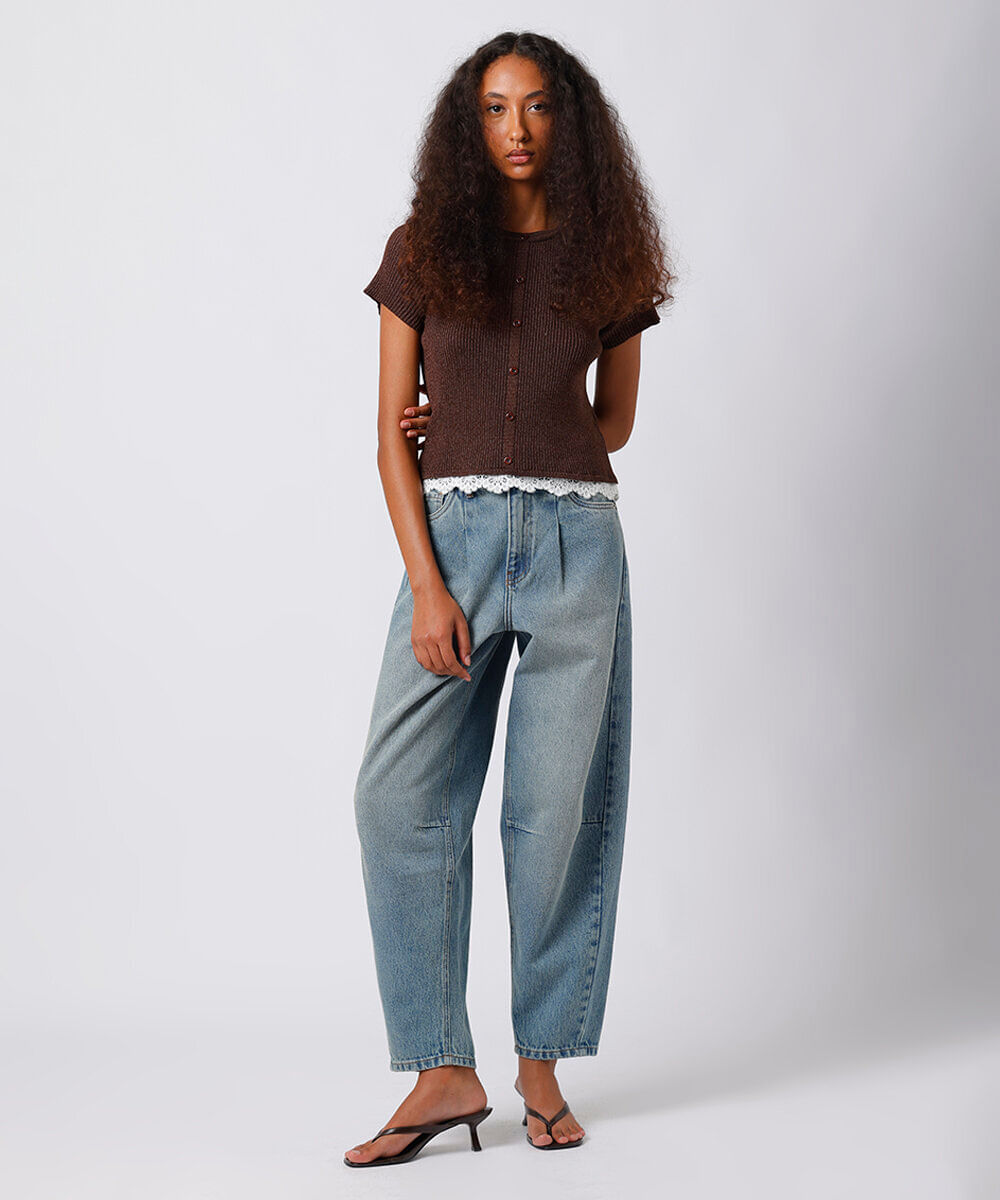 blusa feminina de tricot com renda canelada mindset marrom