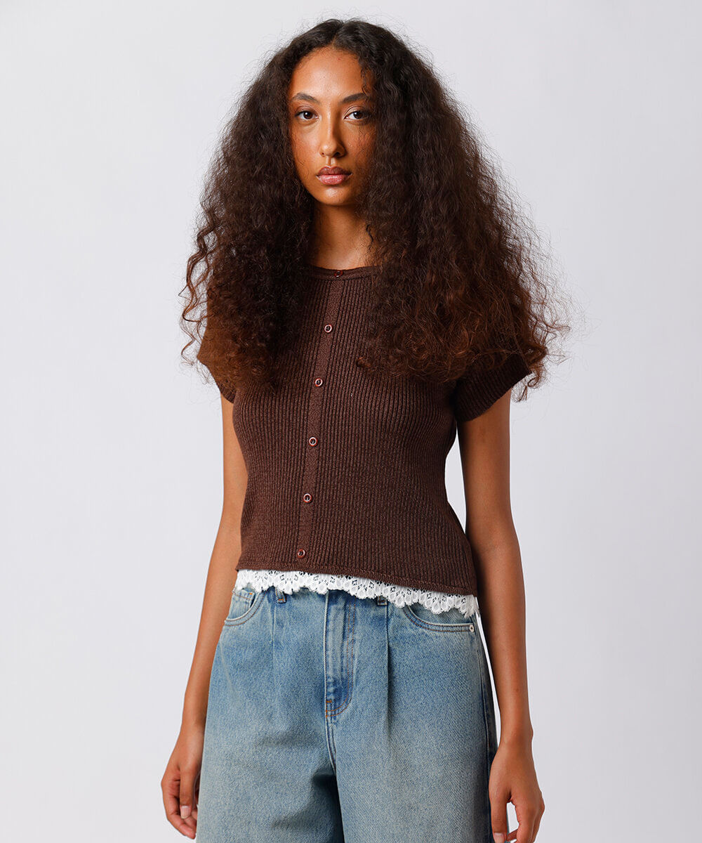 blusa feminina de tricot com renda canelada mindset marrom