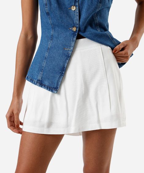 short saia feminino com linho e pregas off white