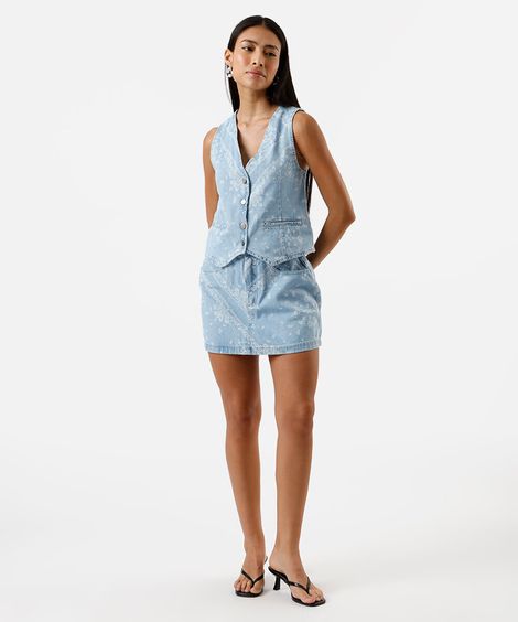 saia evasê feminina jeans paisley azul