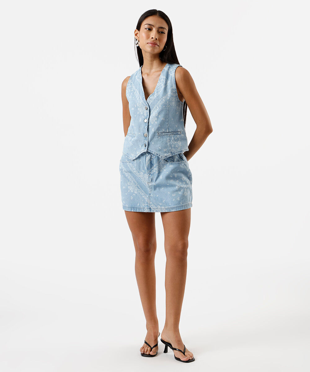 saia evasê feminina jeans paisley azul