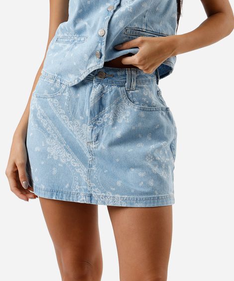 saia evasê feminina jeans paisley azul
