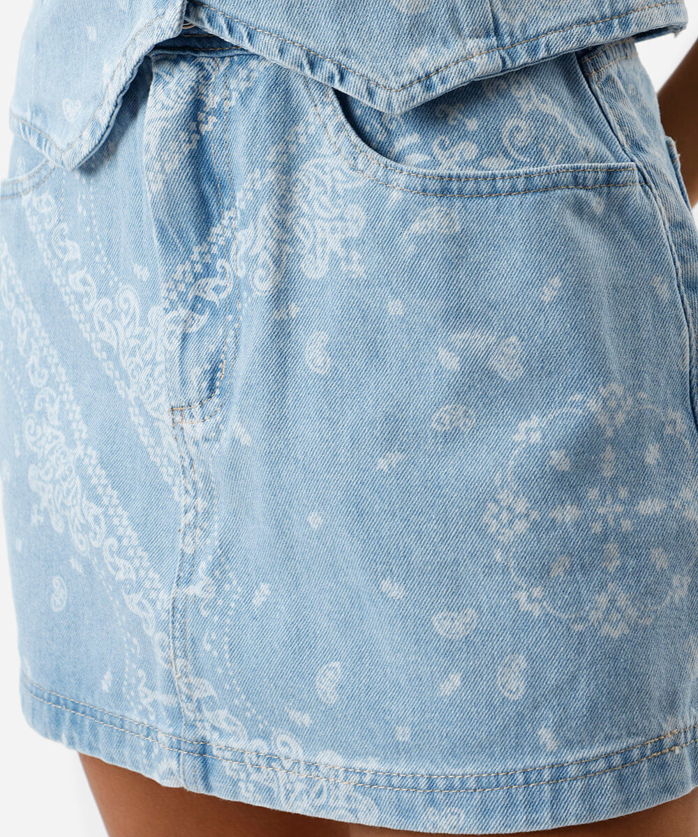 saia evasê feminina jeans paisley azul