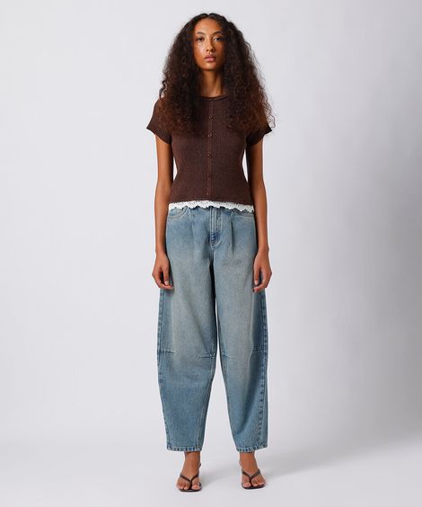 calça barrel feminina jeans dirty com pences mindset azul