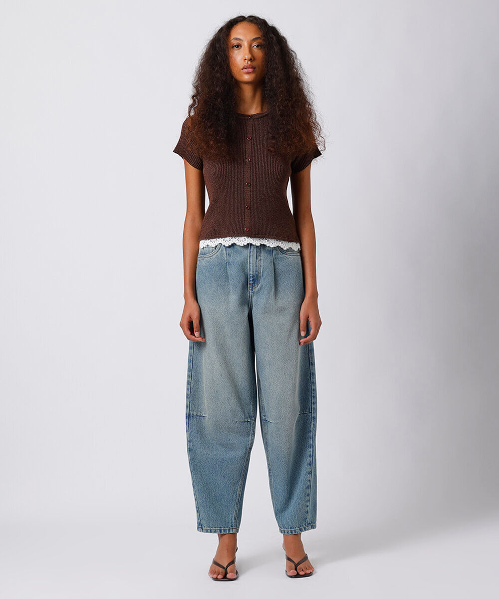 calça barrel feminina jeans dirty com pences mindset azul