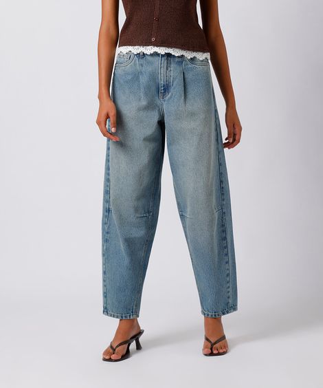 calça barrel feminina jeans dirty com pences mindset azul