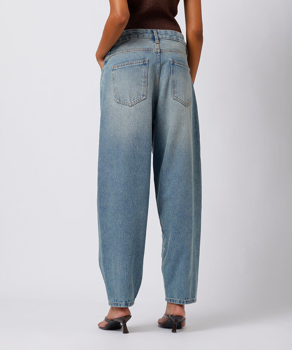 calça barrel feminina jeans dirty com pences mindset azul